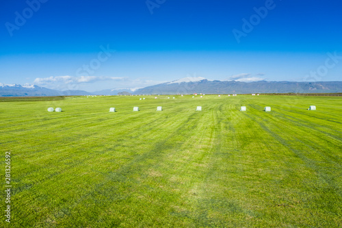 Fototapeta Naklejka Na Ścianę i Meble -  Aerial view of round hay bales