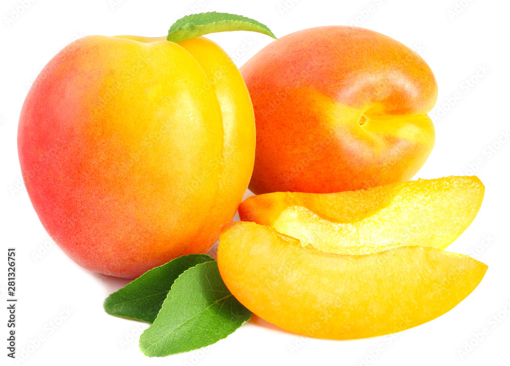 apricot fruits with slices and green leaf isolated on white background apricot fruits with slices and green leaf isolated on white background