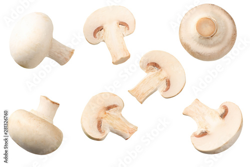 mushrooms with slices isolated on white background. top view