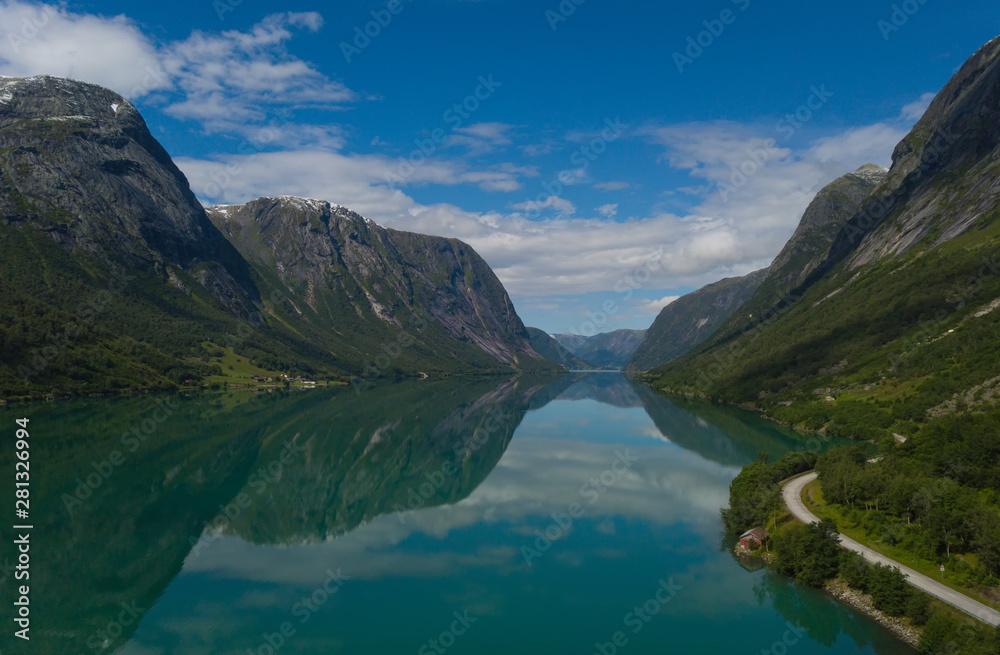 View across Jolstravatn lake, Jolster, Norway. Aerial drone shot in july 2019