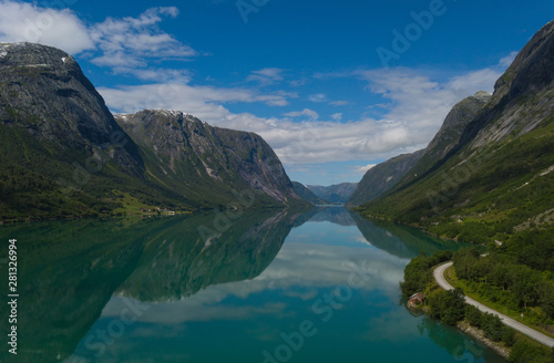 View across Jolstravatn lake, Jolster, Norway. Aerial drone shot in july 2019