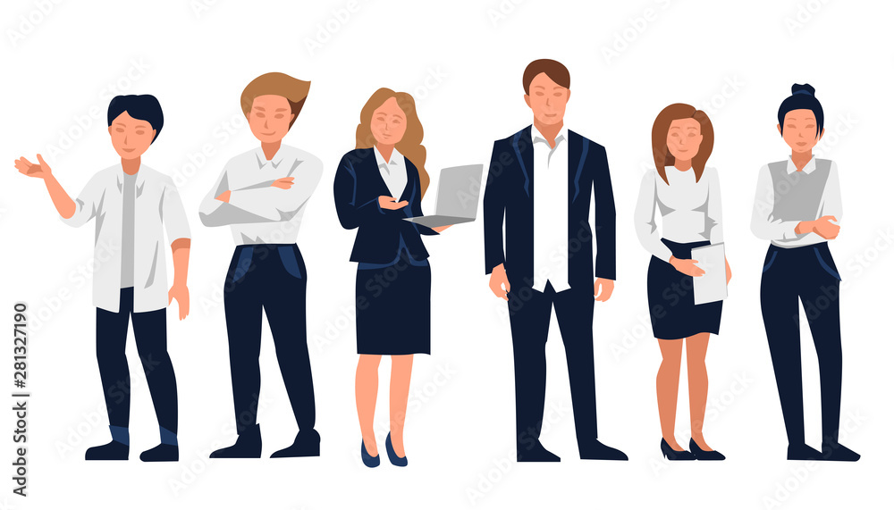 Business people  work team. A group of people dressed in strict suit. Vector illustration in a flat style
