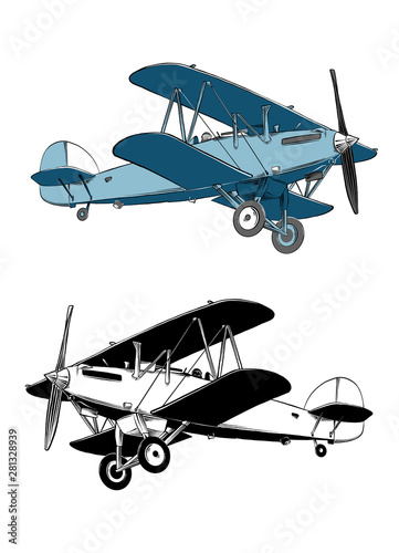 Hand drawn sketch of biplane aircraft in color. Isolated on white background. Drawing for posters, decoration and print. Vector illustration