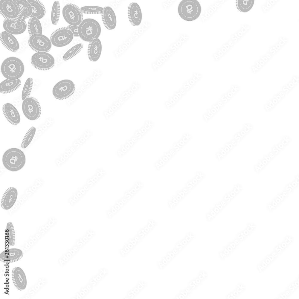 Russian ruble coins falling. Scattered black and w Russian ruble coins falling. Scattered black and w