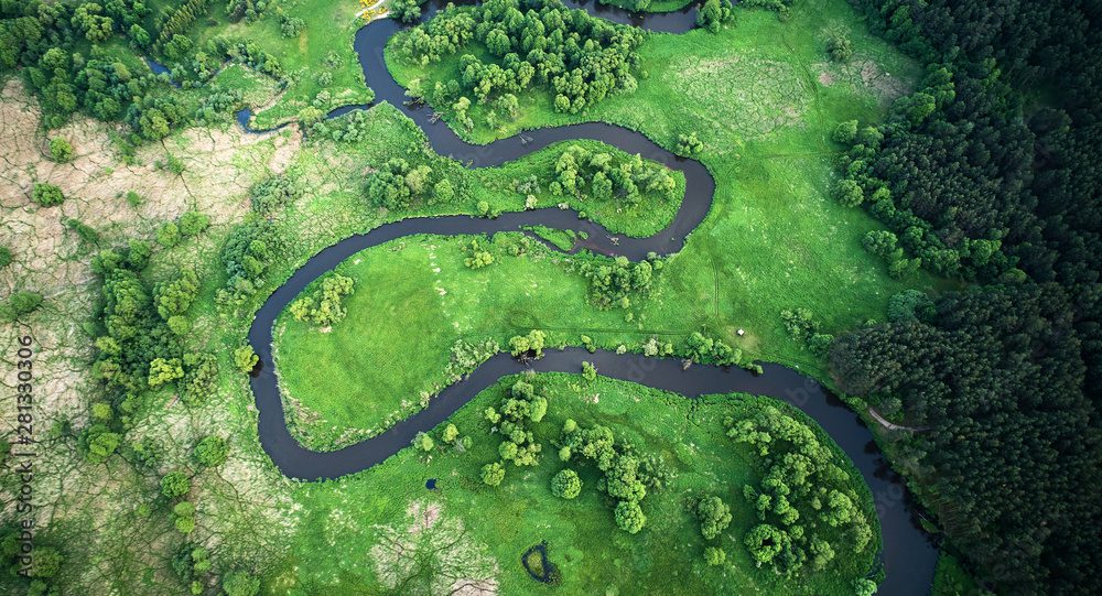 Aerial landscape - wild river in summer - obrazy, fototapety, plakaty 