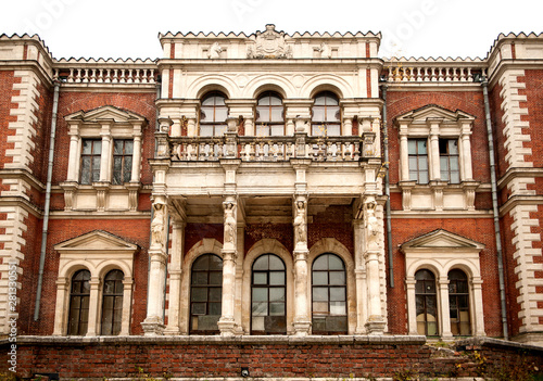 Fragment of the Vorontsov-Dashkov Manor. The main entrance and the balcony. The village of Bykovo  Ramensky district  Moscow region Russia. Old architecture. Brick building. Autumn view