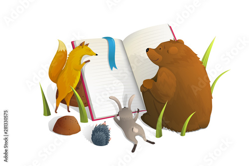 Animals reading book watercolor style vector illustration