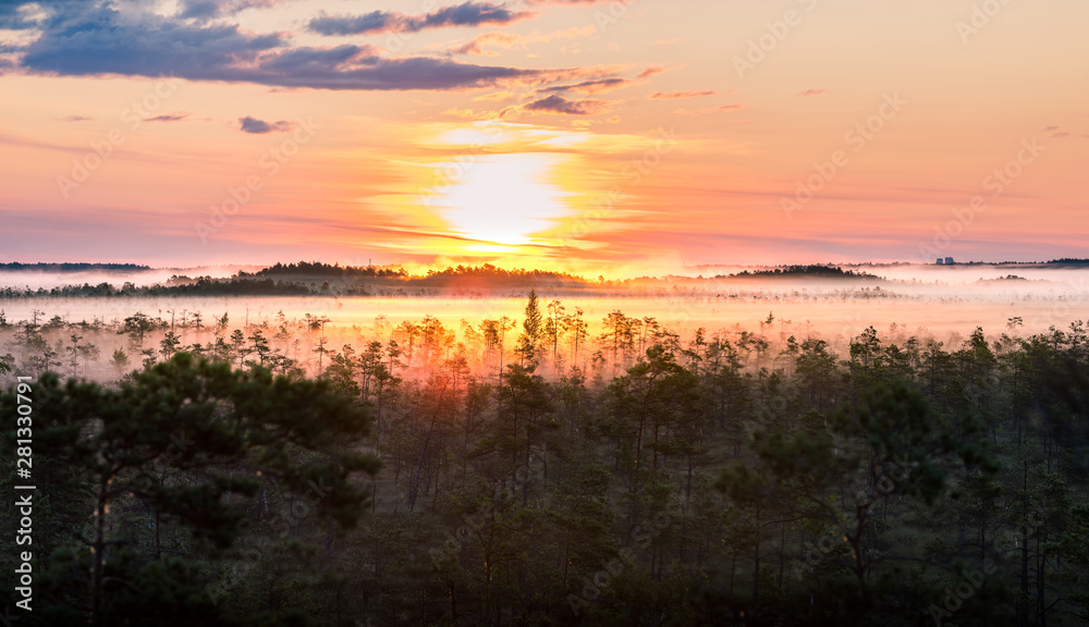 Obraz premium Warmly colored sunrise over a foggy swamp. Aerial view of stunning landscape at peat bog at Cenas Tirelis in Latvia. Wooden trail leading along the lake surrounded by pounds and forest.