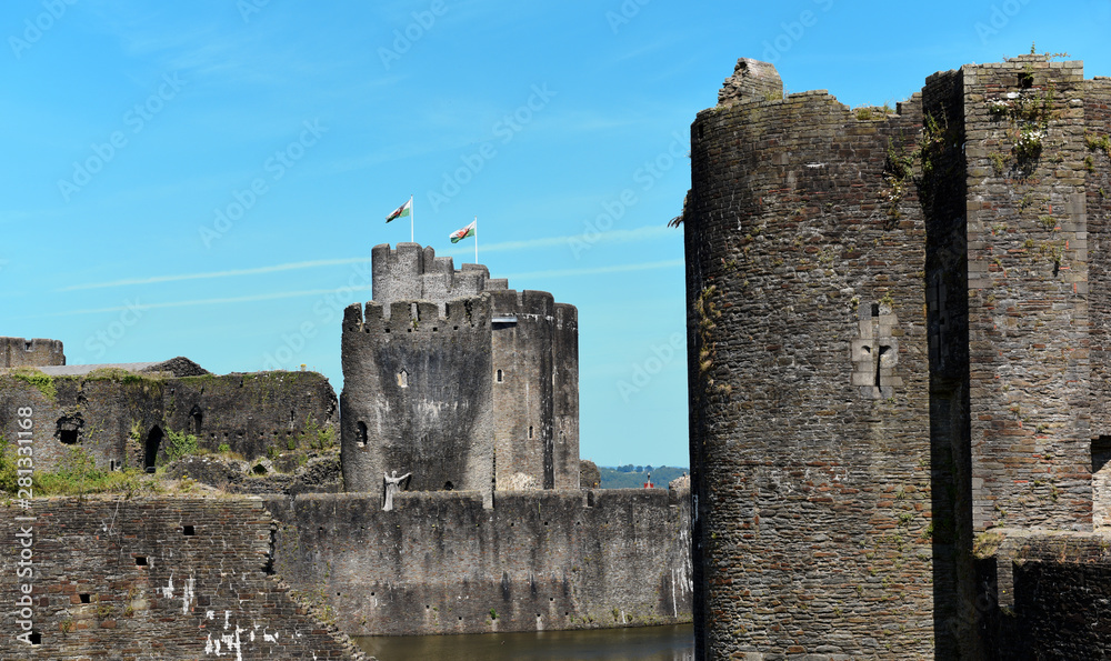 Caerphilly Castle from the 13th century in Caerphilly near Cardiff, Wales, UK