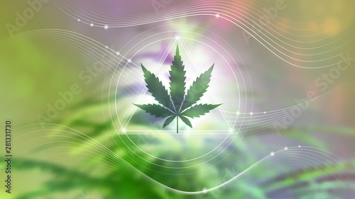 Spiritual sacred geometry with cannabis leaf on blurred photographic background; Healing, medical and calm design; Aspect ratio full hd.