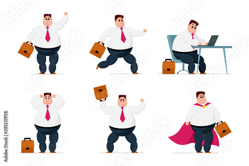 Businessman collection. Office fat worker business men in different situations set. Manager cartoon character actions and emotions vector illustration