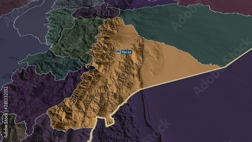 Morona Santiago - province of Ecuador with its capital zoomed on the administrative map of the globe. Animation 3D photo