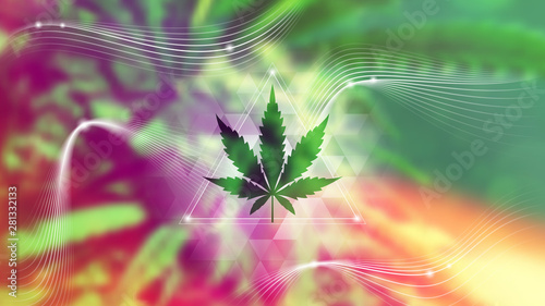 Spiritual sacred geometry with cannabis leaf on blurred photographic background; Healing, medical and calm design; Aspect ratio full hd.