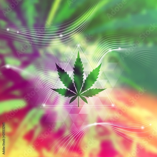 Spiritual sacred geometry with perfect cannabis leaf on bright blurred photographic background; Healing, cure and calm energy; Square format.