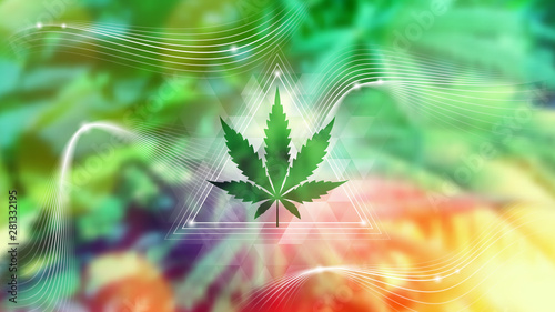 Spiritual sacred geometry with cannabis leaf on blurred photographic background; Healing, medical and calm design; Aspect ratio full hd.