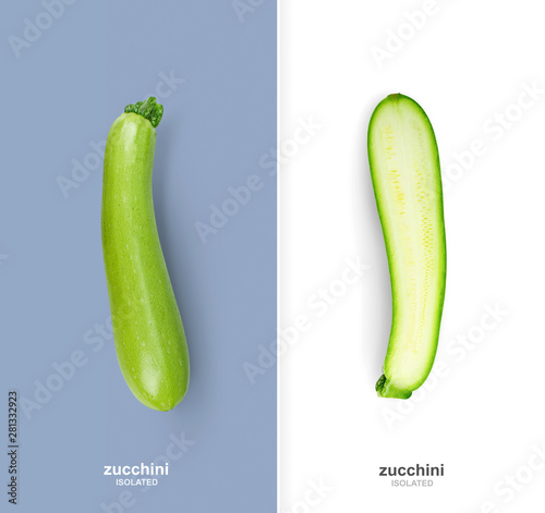 Creative page layout with isolate whole zucchini and half. Food concept and template for design. Flat lay. Top view