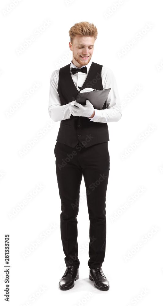 Handsome waiter with clipboard on white background Handsome waiter with clipboard on white background