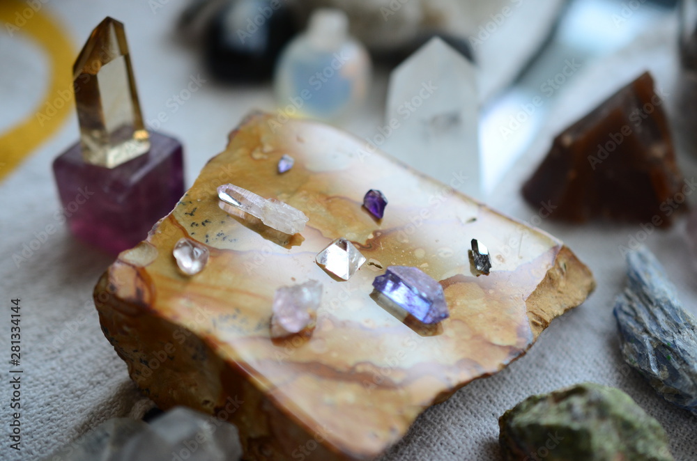 Meditation Grid Kit. Quartz Tower, Natural Citrine, Quartz Points. Variety of colorful crystals on textured background. Healing Crystal Bundle Alter set, Wiccan Witchcraft, Crystal Healing Decor