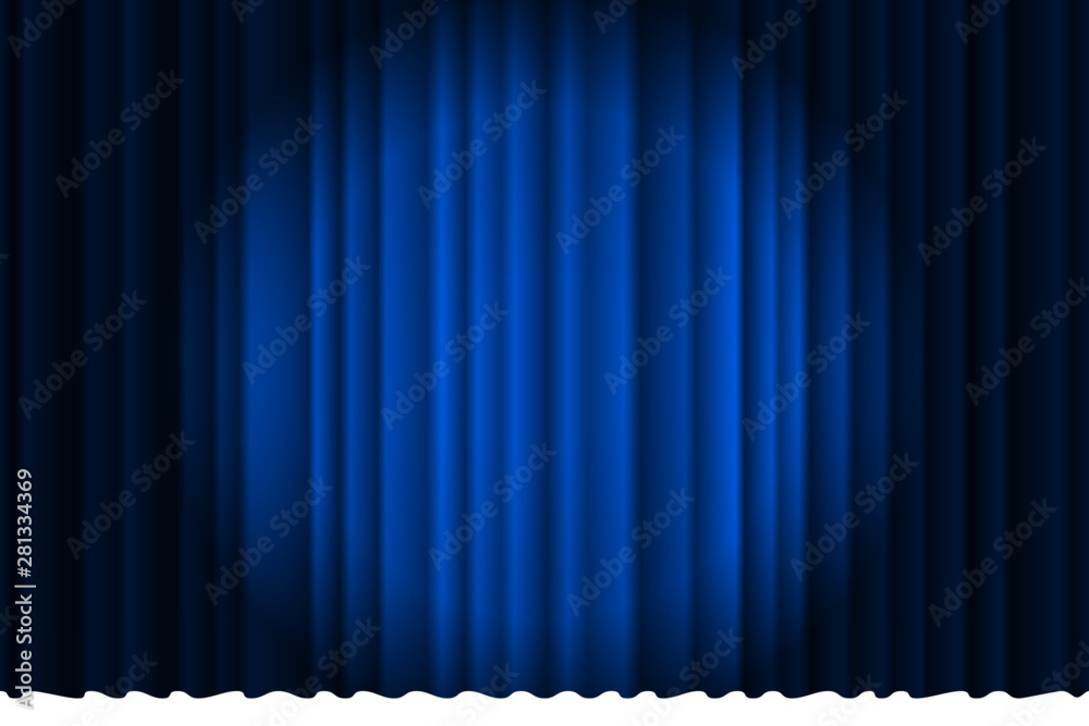 Closed silky luxury blue curtain stage background spotlight beam illuminated. Theatrical drapes. Vector gradient eps illustration - obrazy, fototapety, plakaty 