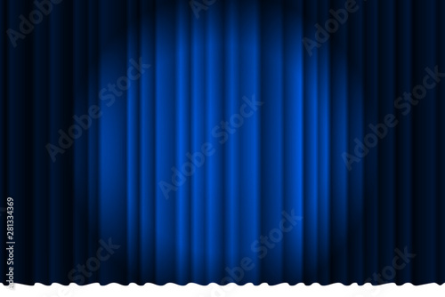 Closed silky luxury blue curtain stage background spotlight beam illuminated. Theatrical drapes. Vector gradient eps illustration photo