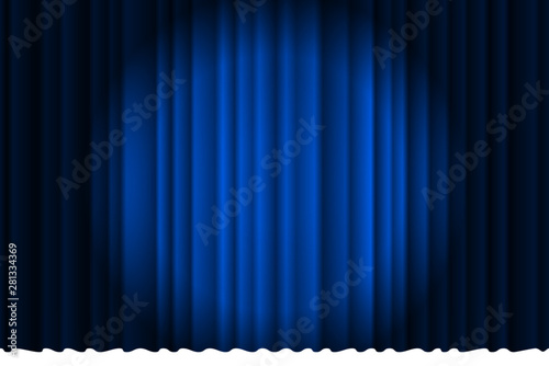 Closed silky luxury blue curtain stage background spotlight beam illuminated. Theatrical drapes. Vector gradient eps illustration