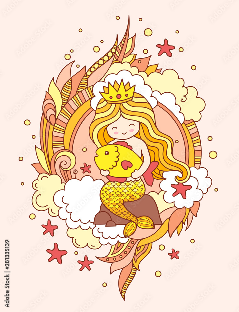 Obraz Mermaid, sitting on a rock, holding big golden fish. Doodle composition. Vector colored illustration.
