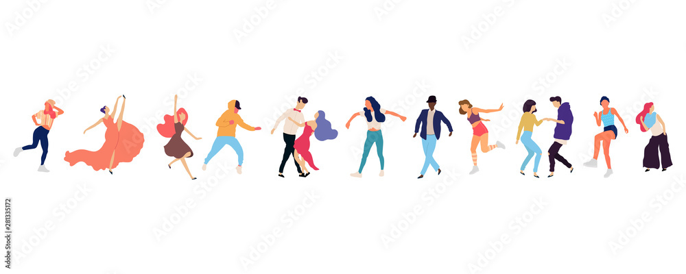 Crowd of young people dancing at club. Big set of characters having fun at party. Flat colorful vector illustration.