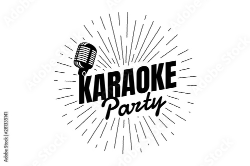 Karaoke party night live show open mike sign. Vintage microphone with line rays. Retro mic vector music nightlife event illustration