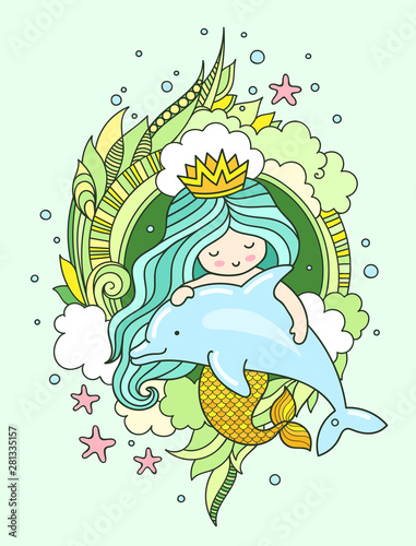 Little mermaid, floating with dolphin. Siren, surrounded by green seaweed, clouds and starfish, fish. Vector illustration, print, poster, postcard.