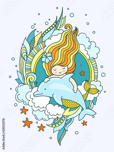 Mermaid with dolphin, surrounded by seaweed, clouds, starfish. Hand-drawn vector illustration. Poster, print, invitation, banner, postcard, card.
