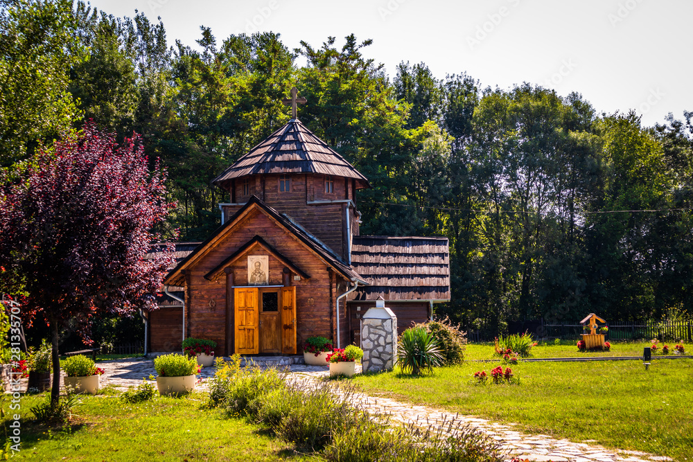 Small wooden church in ethno village Moravski Konaci near the Velika Plana in Serbia