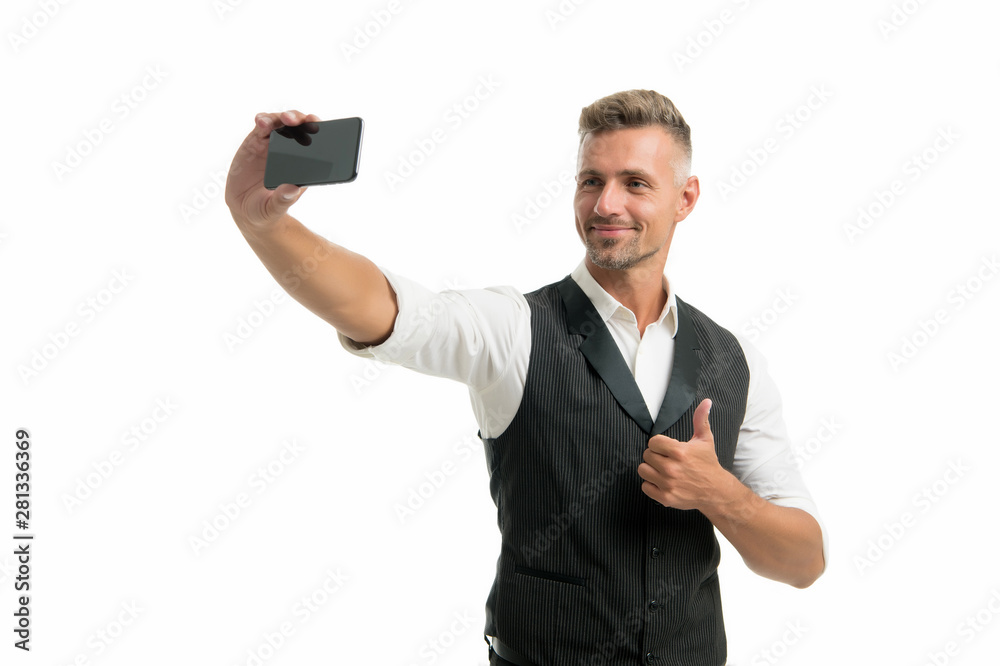 Lifestyle blogger. Handsome well groomed man taking selfie photo for personal blog. Online blog. Digital influencer concept. Video call communication. Personal blog social networks. Mature and modern Lifestyle blogger. Handsome well groomed man taking selfie photo for personal blog. Online blog. Digital influencer concept. Video call communication. Personal blog social networks. Mature and modern