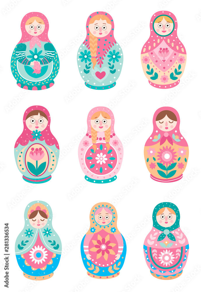 Set of cute colorful russian traditional nesting doll Set of cute colorful russian traditional nesting doll