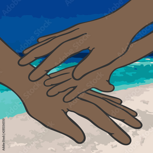 An image of three hands: one child's hand and two adult hands (female and male) with a swarthy skin color, all nearby and on a background of a sandy beach, a sea and a blue sky