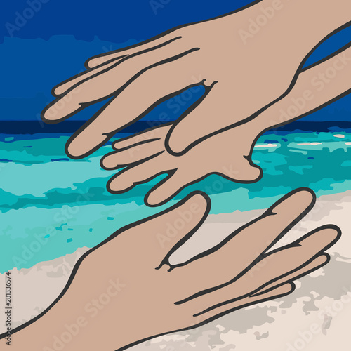 An image of three hands: one child's hand and two adult hands (female and male) with a light skin color, all nearby and on a background of a sandy beach, a sea and a blue sky