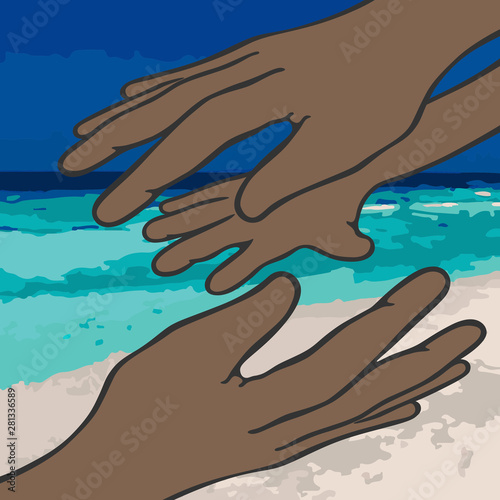 An image of three hands: one child's hand and two adult hands (female and male) with a swarthy skin color, all nearby and on a background of a sandy beach, a sea and a blue sky