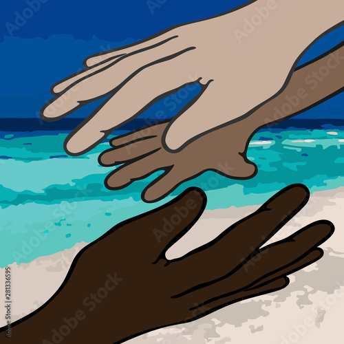 An image of three hands: one child's hand and two adult hands (female & male) with different skin colors (light, swarthy & dark), all nearby and on a background of a sandy beach, a sea and a blue sky