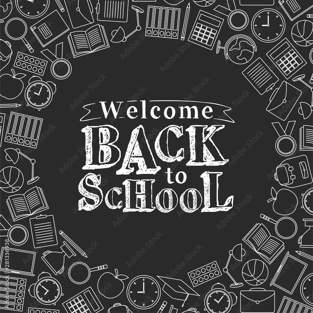 Back to school doodles with text on gray background, vector illustration
