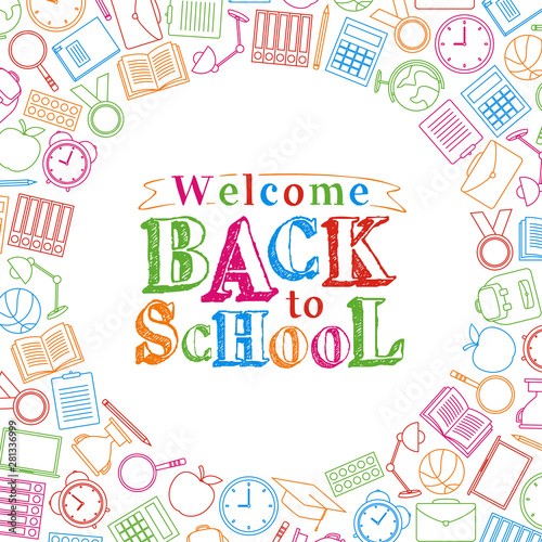 Back to school doodles with text on white background  vector illustration