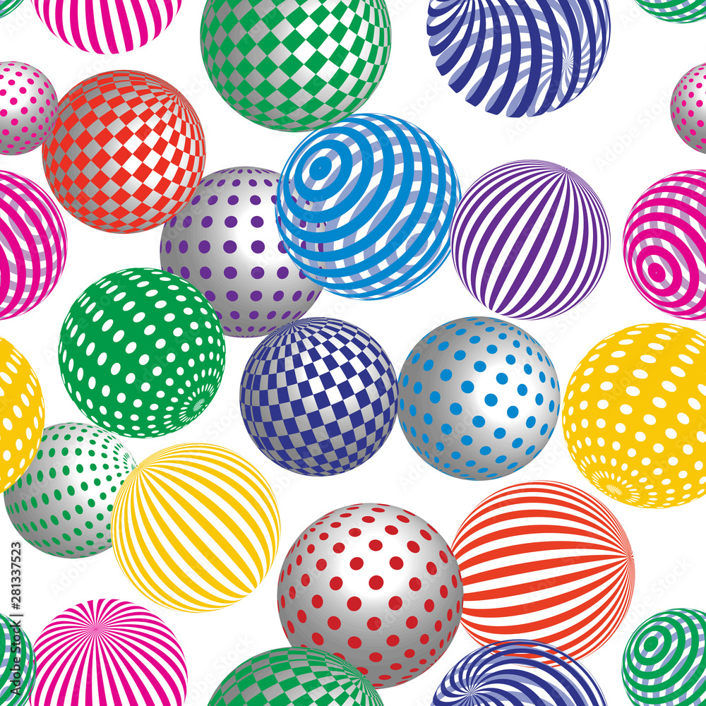 Seamless abstract pattern with bright striped and dotted spheres. Seamless abstract pattern with bright striped and dotted spheres.