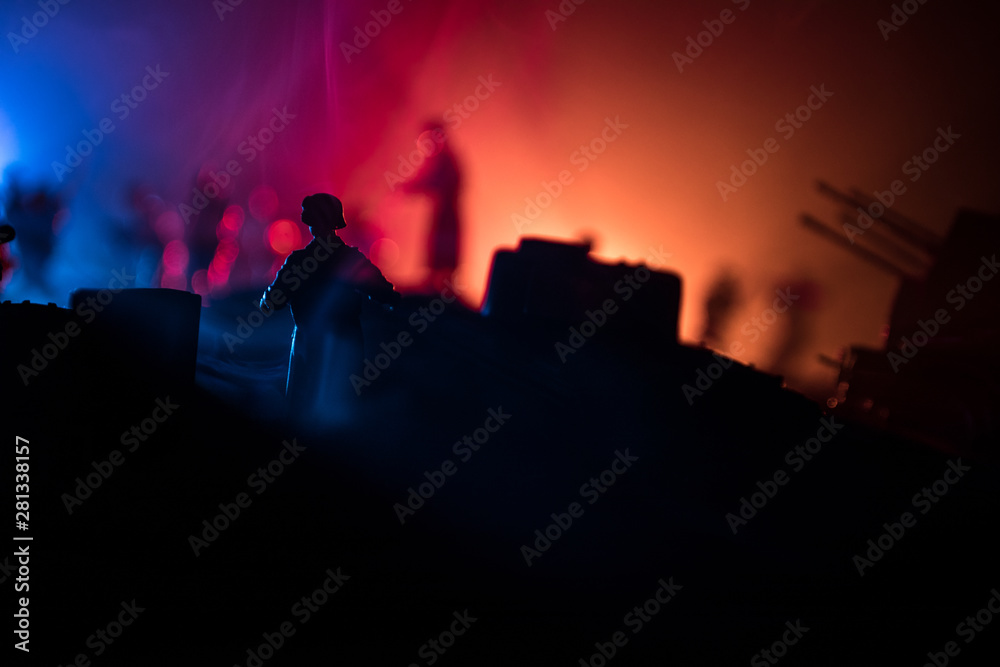 War Concept. Military silhouettes fighting scene on war fog sky background,