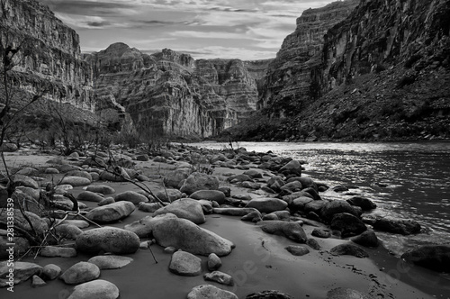 Black and white photo of the Grand Canyon, Arizona.