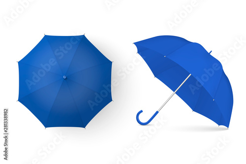 Vector 3d Realistic Render Blue Blank Umbrella Icon Set Closeup Isolated on White Background. Design Template of Opened Parasols for Mock-up  Branding  Advertise etc. Top and Front View