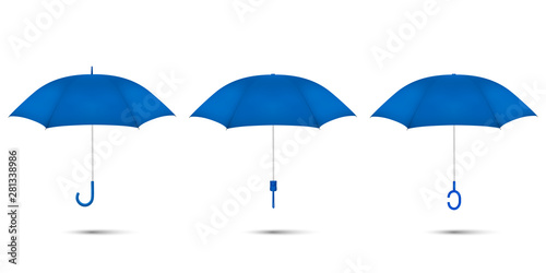 Vector 3d Realistic Render Blue Blank Umbrella Icon Set Closeup Isolated on White Background. Design Template of Opened Parasols for Mock-up, Branding, Advertise etc. Top and Front View