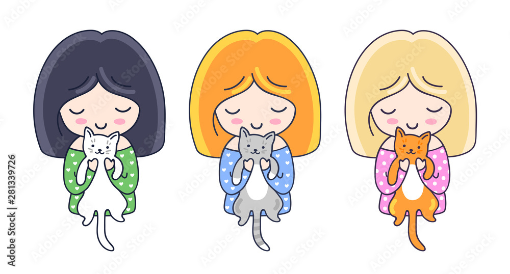 Cute little girls with kittens. Cartoon characters. Vector illustration. Cute little girls with kittens. Cartoon characters. Vector illustration.