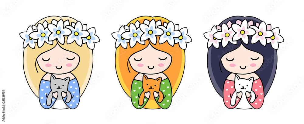 Little cute girls in flower wreaths holding cats. Cartoon characters for pins, badges, stickers, patches. Vector illustrations. Little cute girls in flower wreaths holding cats. Cartoon characters for pins, badges, stickers, patches. Vector illustrations.