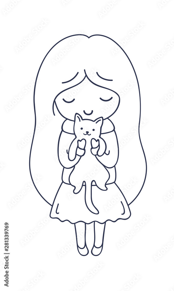 Girl with cat. Cute cartoon character. Vector illustration for coloring book, pin, sticker, patch, badge, print, card, postcard, poster, t-shirt, tattoo. Girl with cat. Cute cartoon character. Vector illustration for coloring book, pin, sticker, patch, badge, print, card, postcard, poster, t-shirt, tattoo.