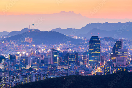Photography Seoul tower and Skyscrapers, Beautiful city of lights at night, Seoul, South Korea
