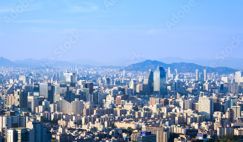 Seoul city skyline and skyscraper in downtown seoul  South Korea.