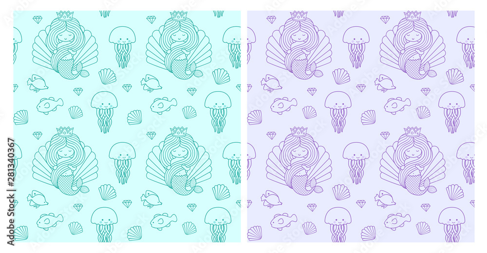 Cute little princess mermaid. Seamless pattern. Print for textile, fabric, posters, decor, greeting cards, paper, clothes, wallpaper. Vector design for kids, children, babies.